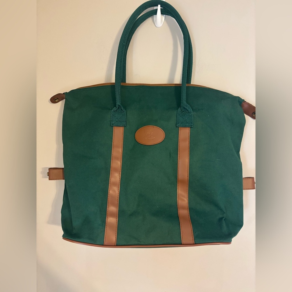 Vintage 90s Preppy Green Faux Leather Trim Weekender Preppy Tote Bag Old Money